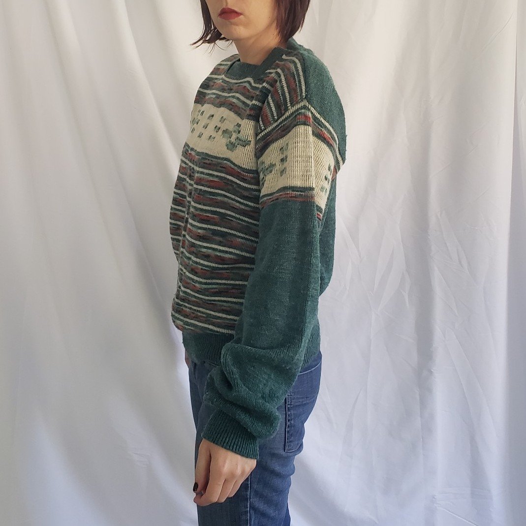 70s Green, White, and Orange Square Neck Sweater