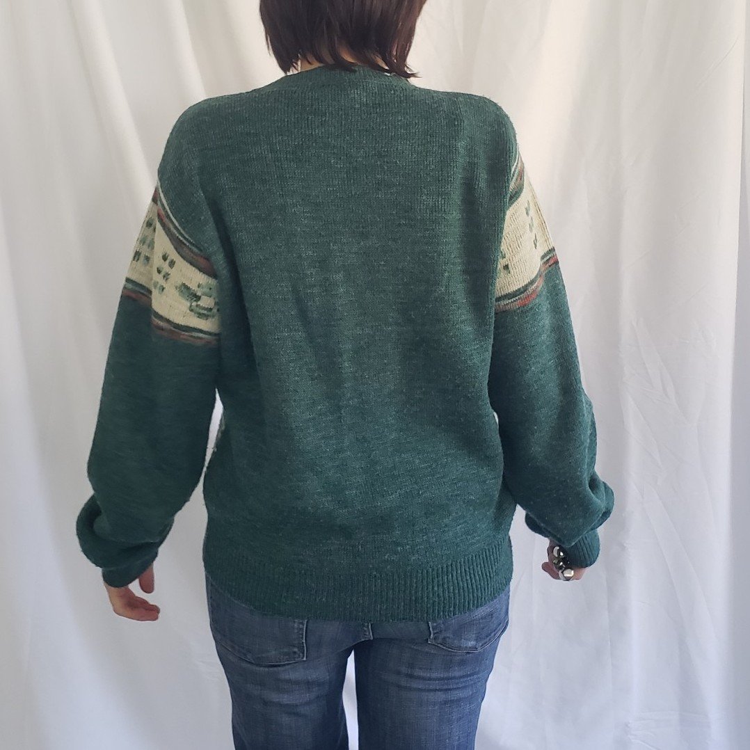 70s Green, White, and Orange Square Neck Sweater