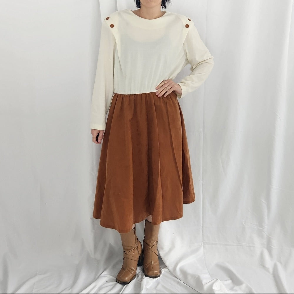 70s White And Brown Fall Day Dress