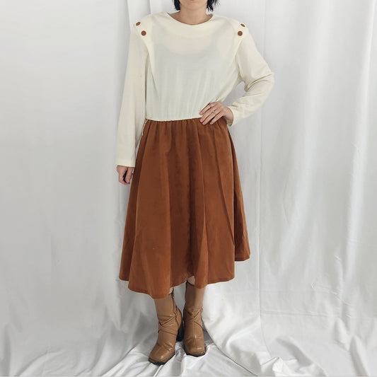 70s White And Brown Fall Day Dress