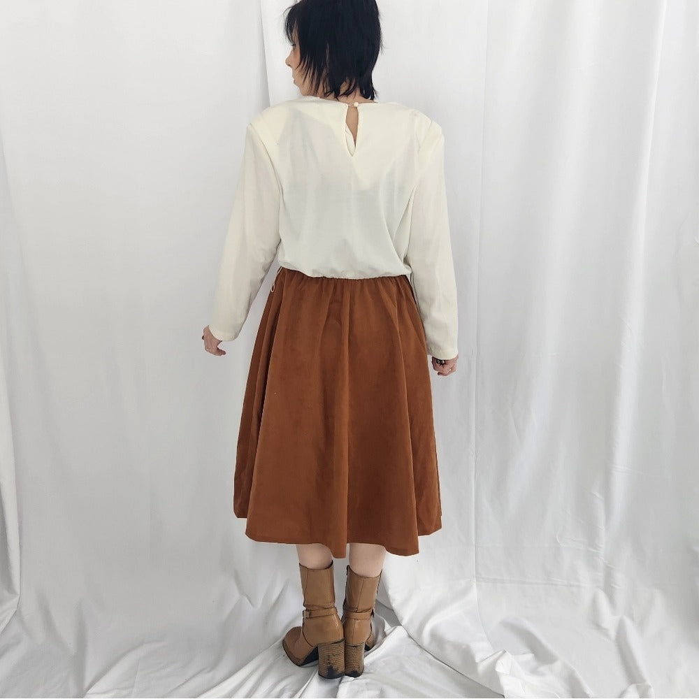 70s White And Brown Fall Day Dress