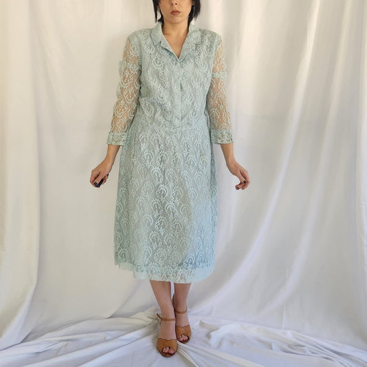 60s Blue Lace Long Sleeve Dress
