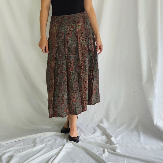 90s Green and Red Paisley Rayon Midi Skirt