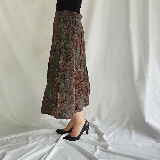 90s Green and Red Paisley Rayon Midi Skirt