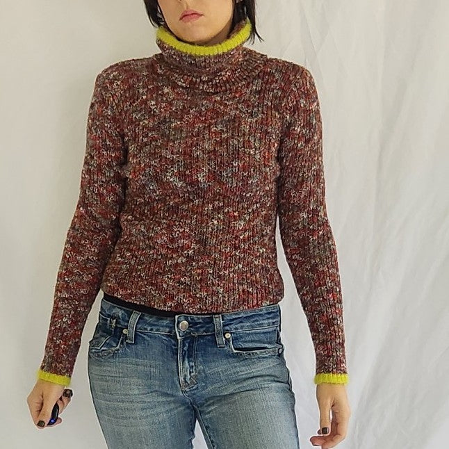 Y2K Brown, White, and Orange Turtleneck Sweater