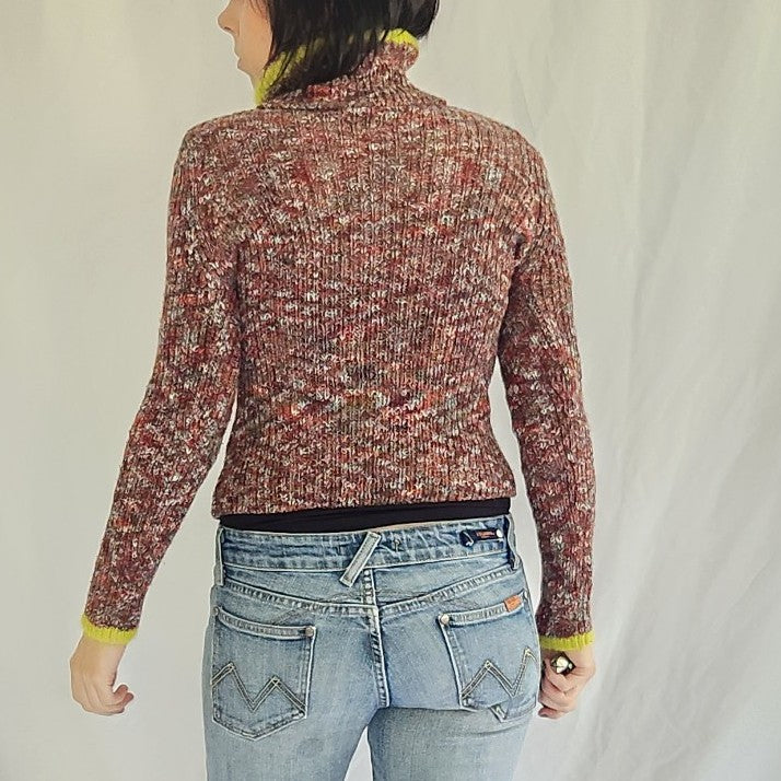 Y2K Brown, White, and Orange Turtleneck Sweater