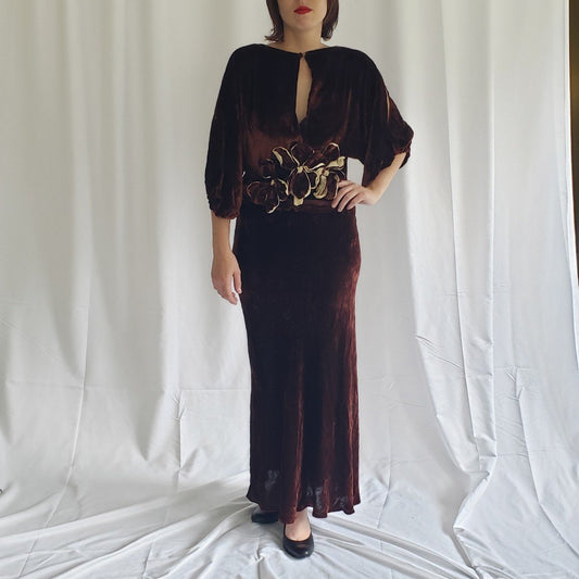 30s Brown Crushed Velvet Gown