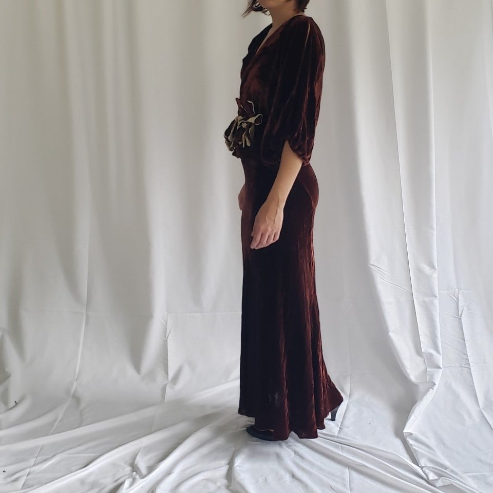 30s Brown Crushed Velvet Gown