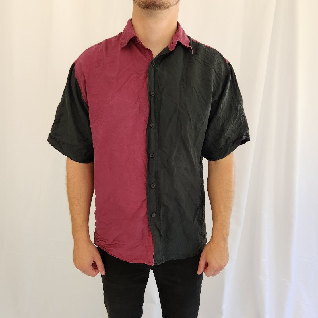 90s Black and Maroon Silk Button Down