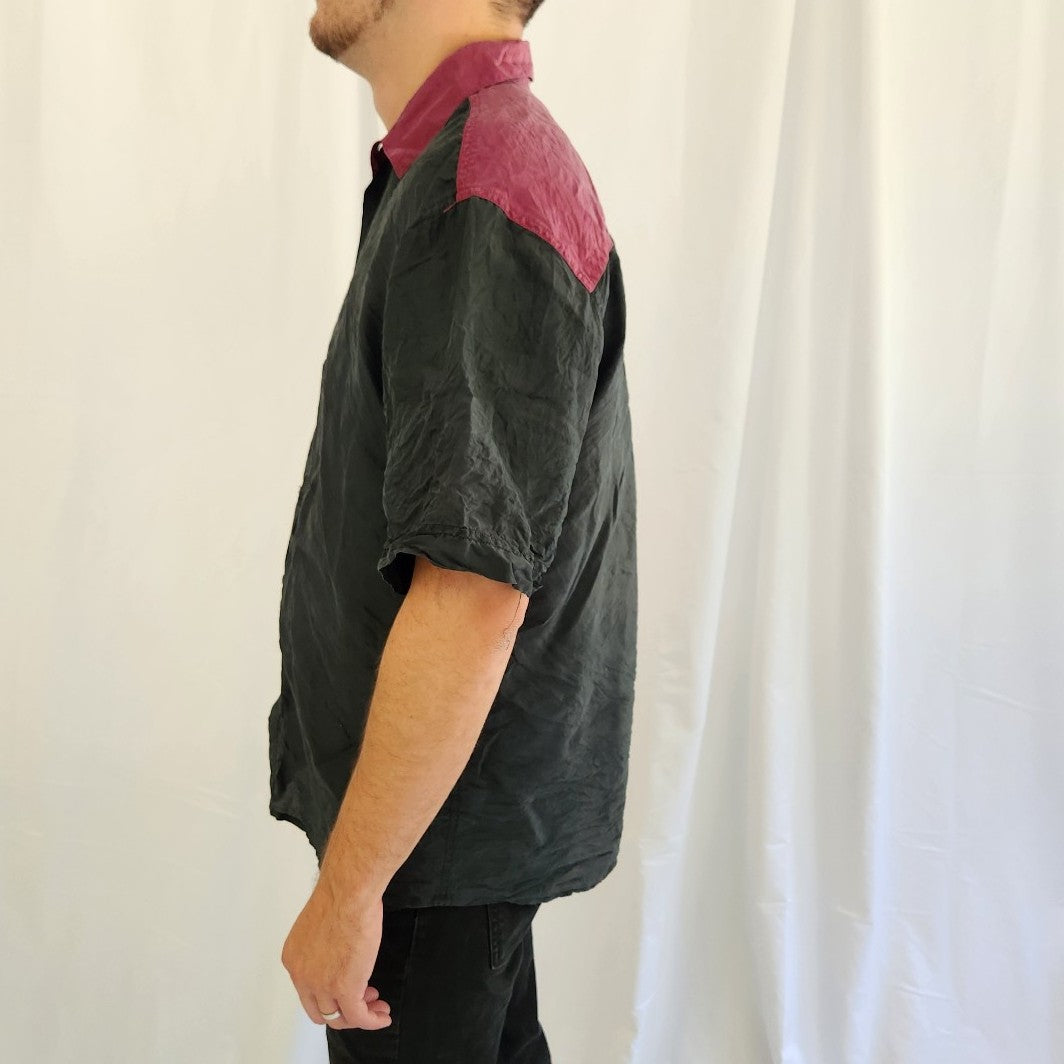 90s Black and Maroon Silk Button Down
