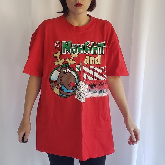 90s Naughty and Nice Red Reindeer Tee