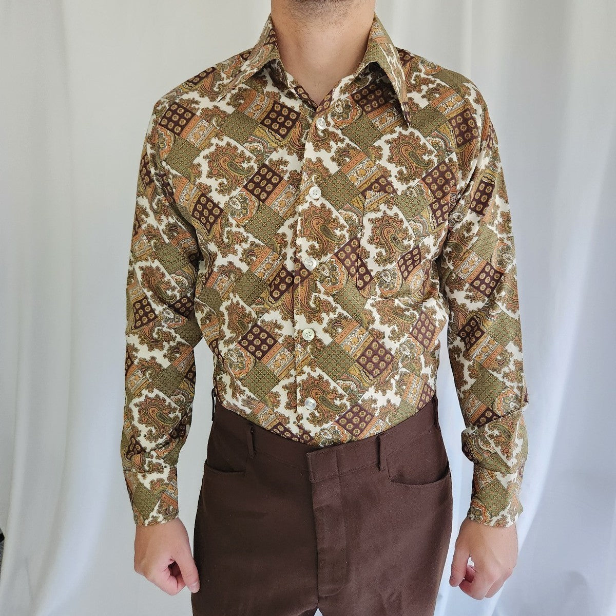 70s Green, Brown, and Gold Paisley Dagger Collar Shirt