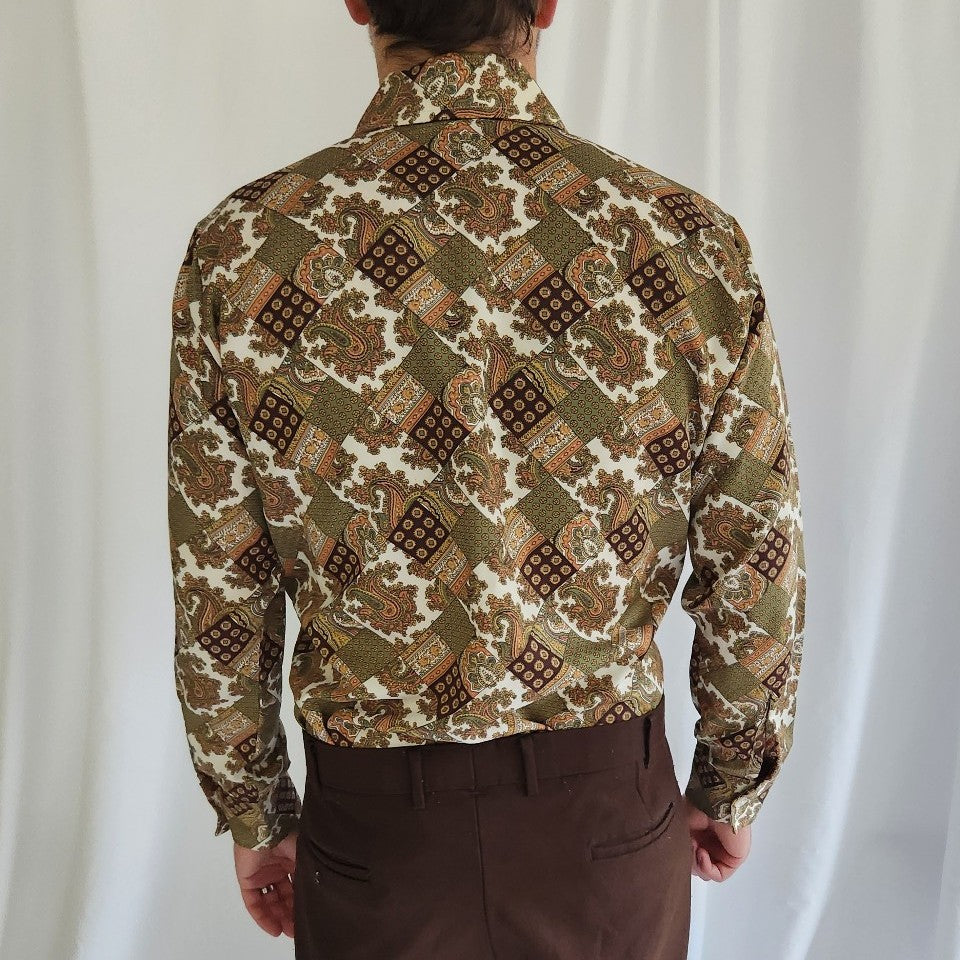 70s Green, Brown, and Gold Paisley Dagger Collar Shirt