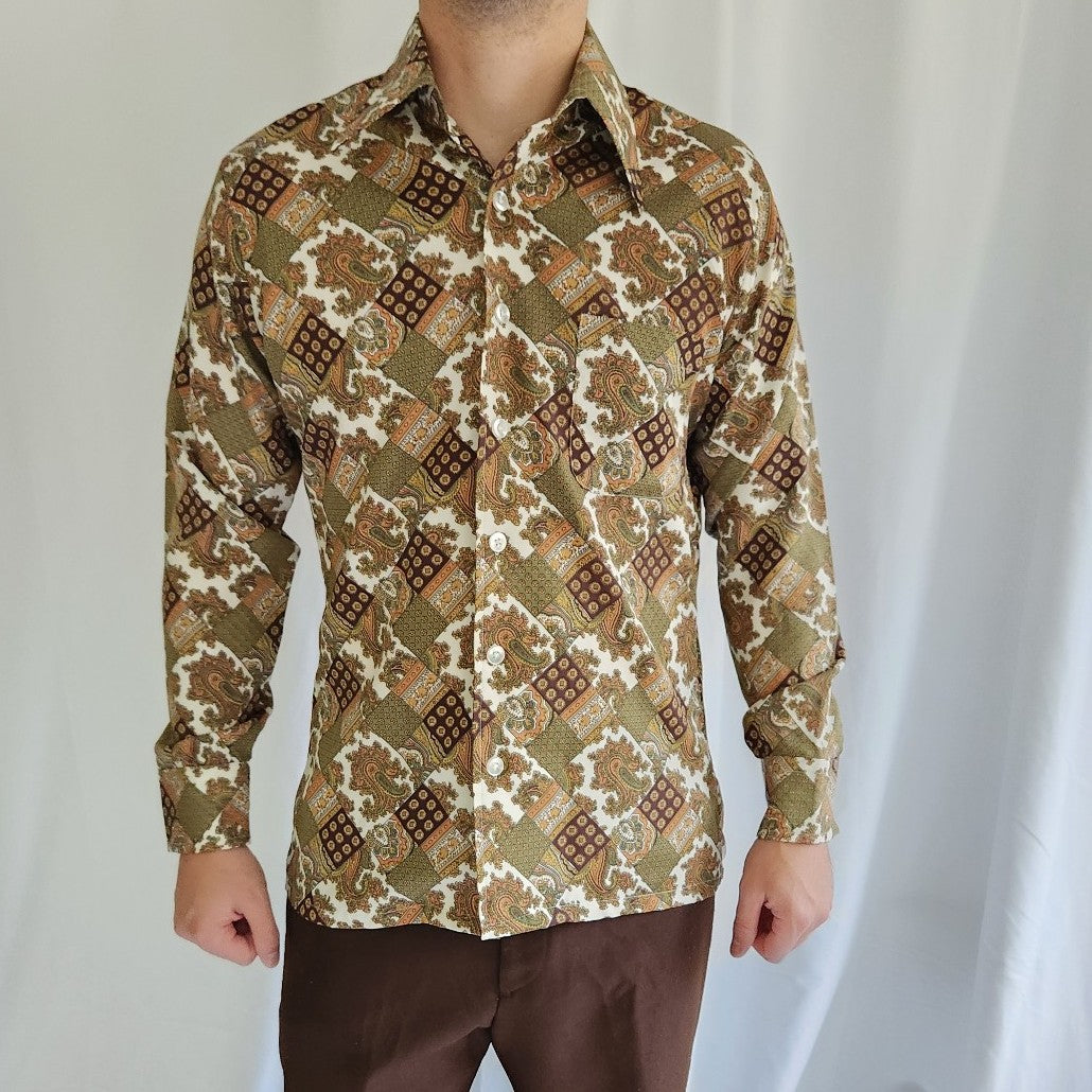 70s Green, Brown, and Gold Paisley Dagger Collar Shirt