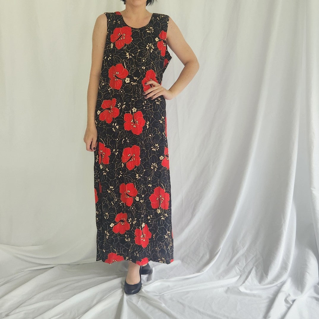 90s Deadstock Black and Red Tropical Floral Maxi Dress