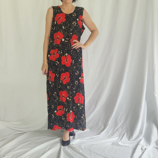 90s Deadstock Black and Red Tropical Floral Maxi Dress