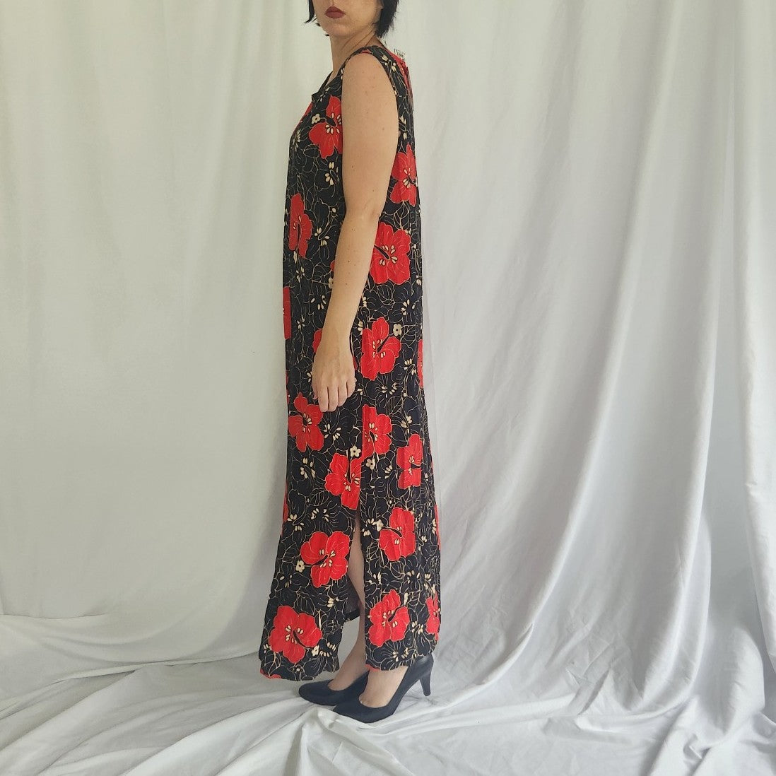 90s Deadstock Black and Red Tropical Floral Maxi Dress