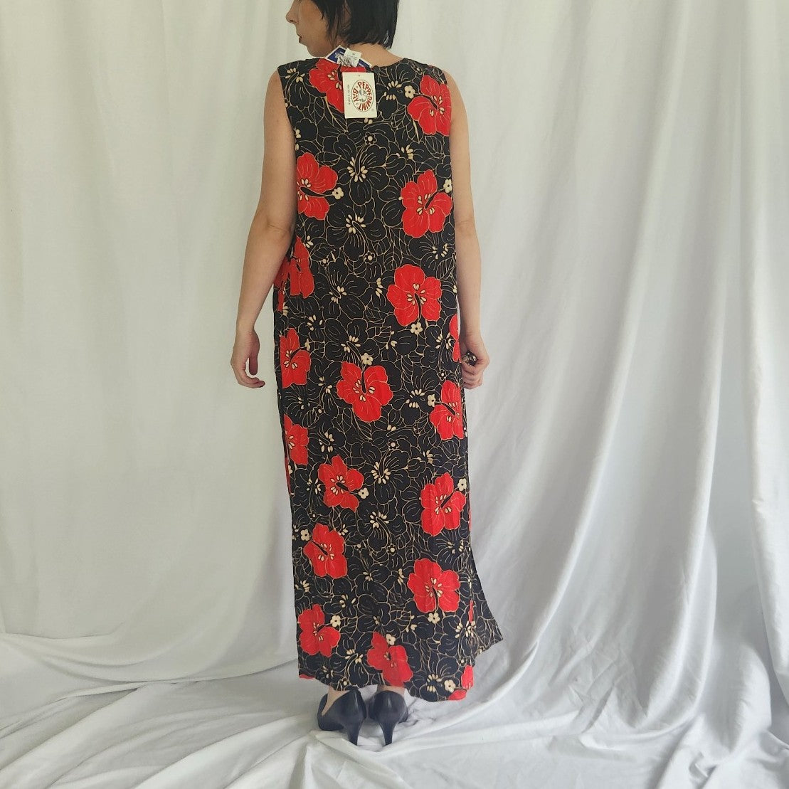 90s Deadstock Black and Red Tropical Floral Maxi Dress