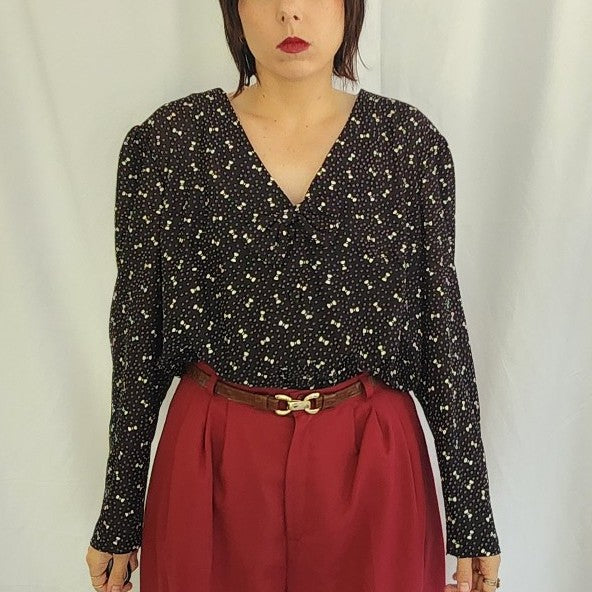 80s Black and White Bow Print Button Down Blouse