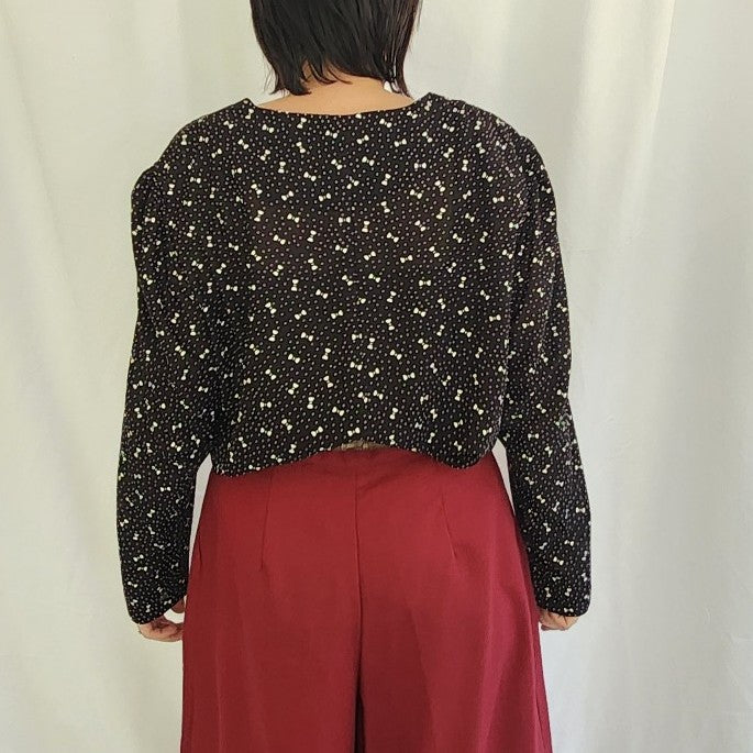 80s Black and White Bow Print Button Down Blouse