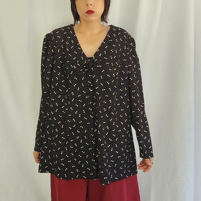 80s Black and White Bow Print Button Down Blouse