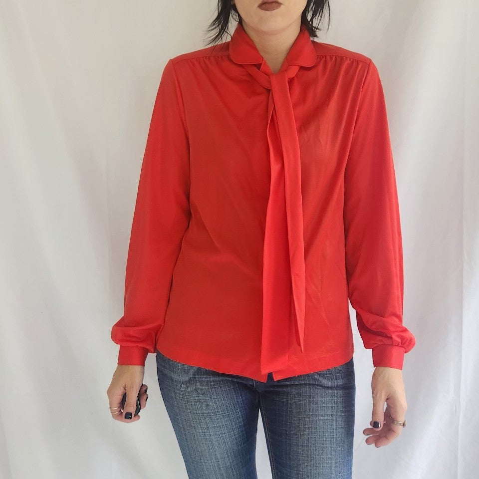70s Red Button Down with Bow
