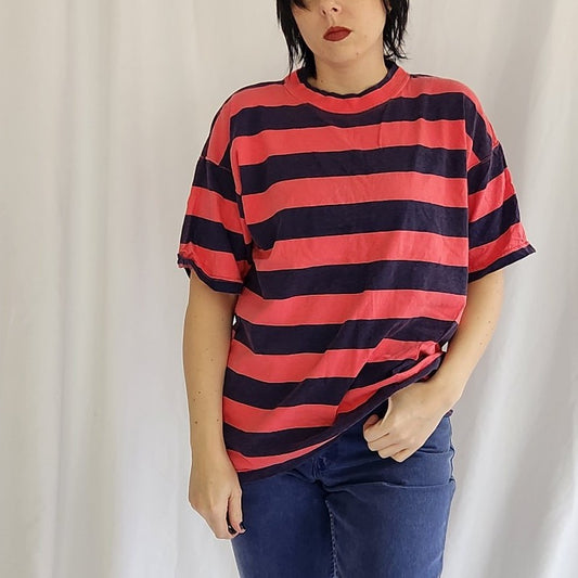 90s Pink and Blue Striped Oversize 100% Cotton Tee