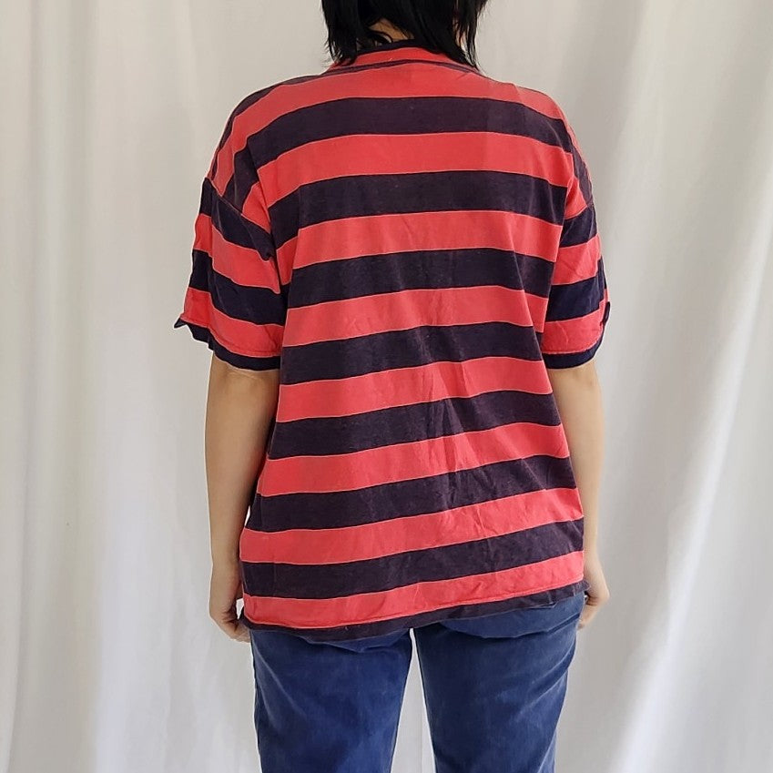 90s Pink and Blue Striped Oversize 100% Cotton Tee