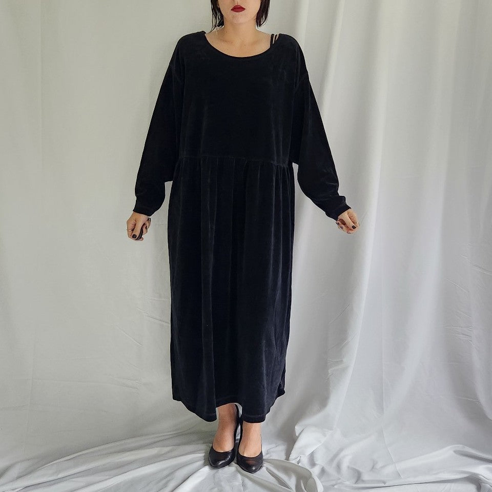 90s Black Velour Midi Dress