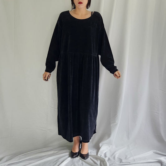 90s Black Velour Midi Dress