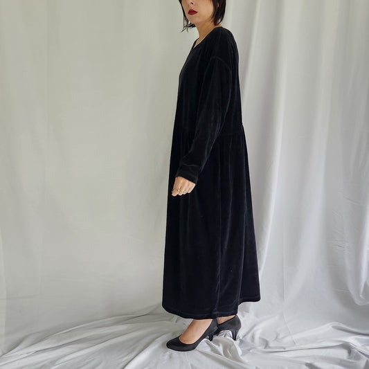 90s Black Velour Midi Dress