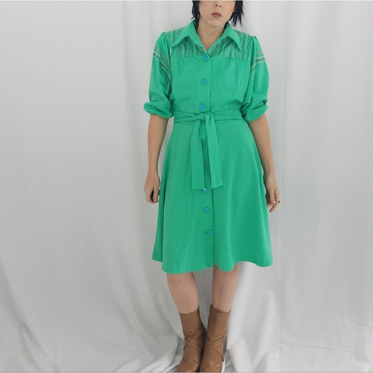 70s Bright Green Dagger Collar Button Down Dress