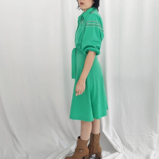 70s Bright Green Dagger Collar Button Down Dress
