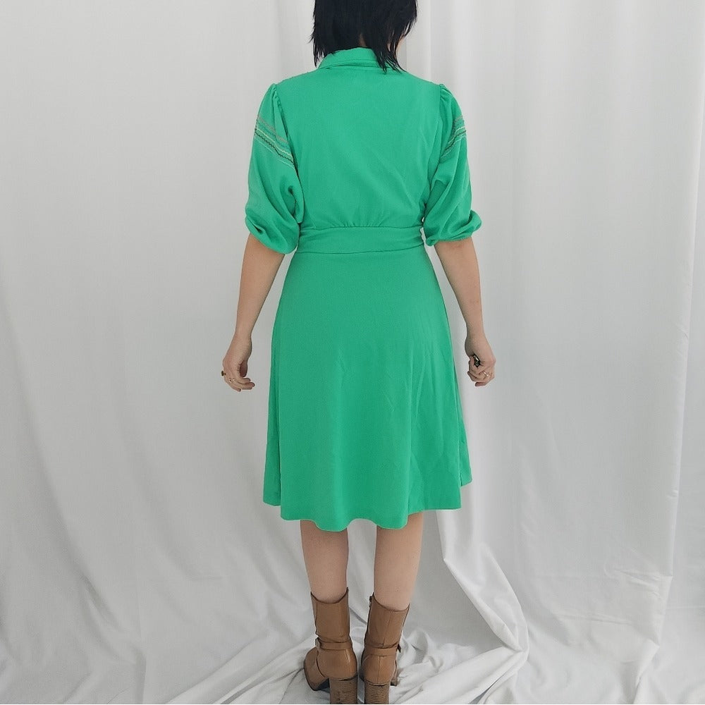 70s Bright Green Dagger Collar Button Down Dress