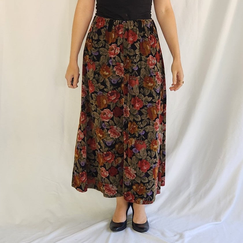 90s Dark Floral Rose Print Corduroy Maxi Skirt
