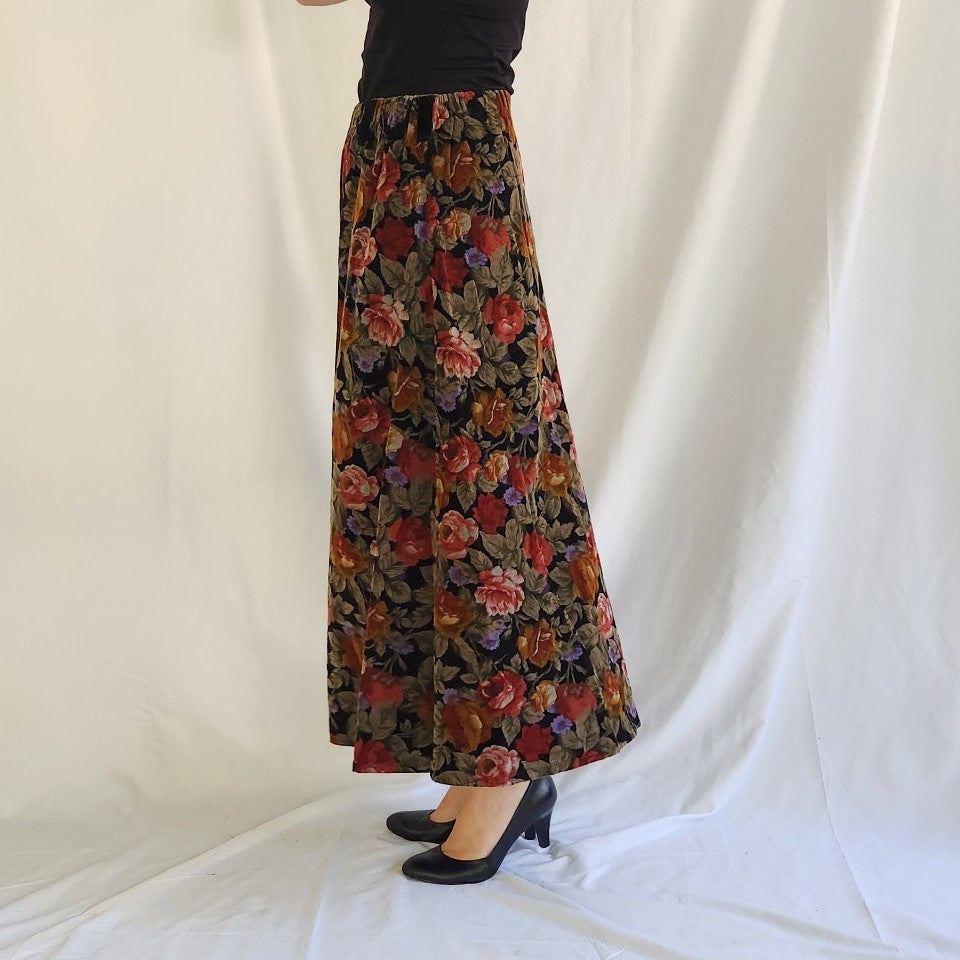 90s Dark Floral Rose Print Corduroy Maxi Skirt