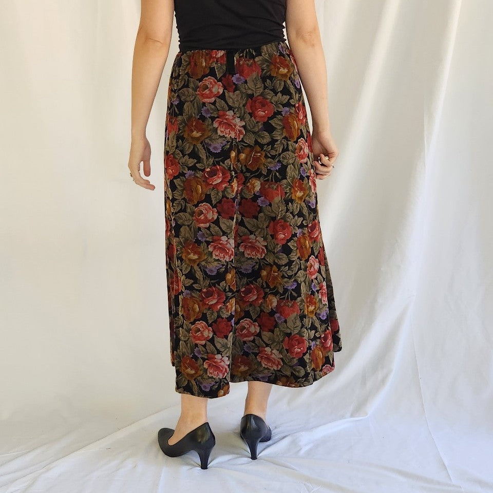 90s Dark Floral Rose Print Corduroy Maxi Skirt