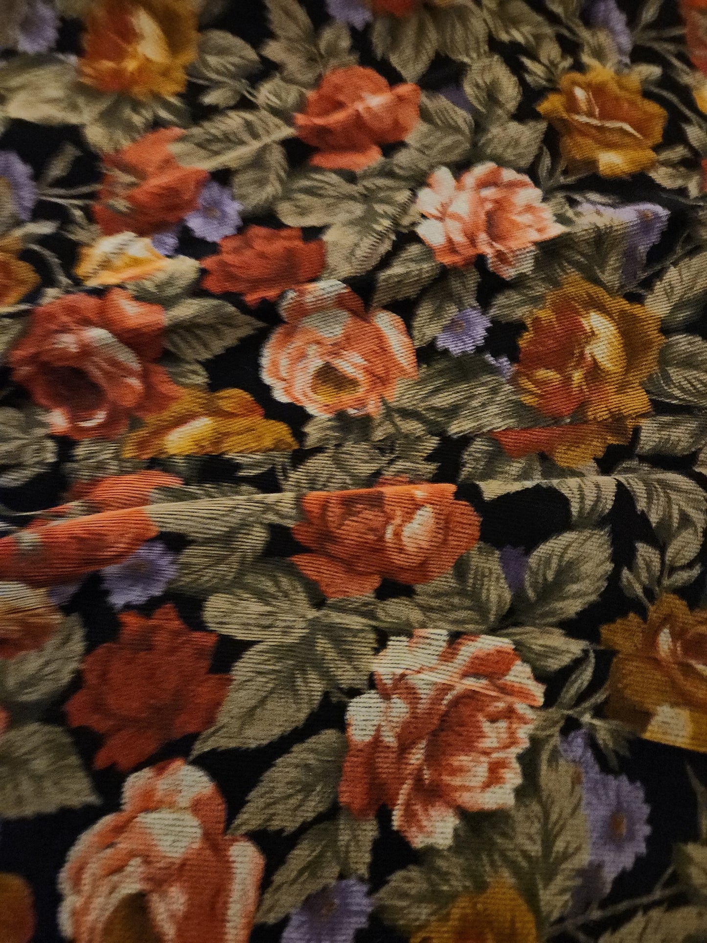 90s Dark Floral Rose Print Corduroy Maxi Skirt