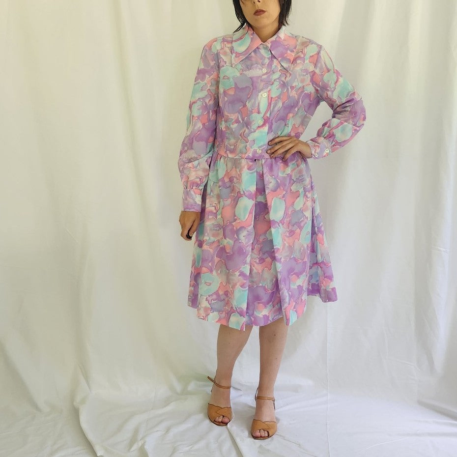60s/70s Purple, Pink, and Blue Dagger Collar Dress