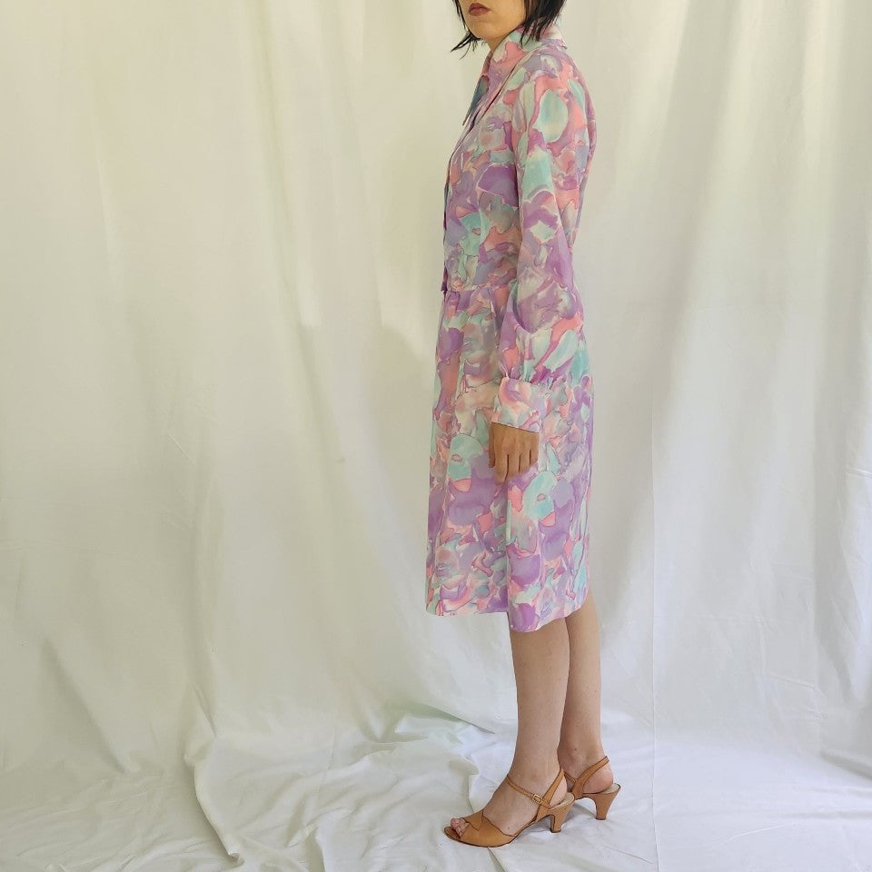 60s/70s Purple, Pink, and Blue Dagger Collar Dress