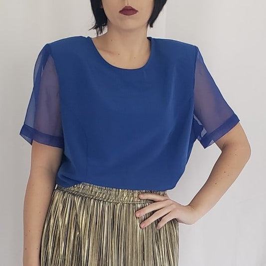 80s Blue Satin Top with Sheer Sleeves