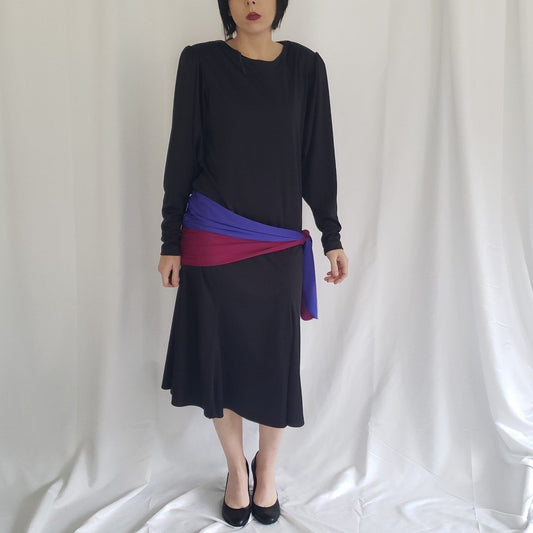 80s Black, Pink, and Purple Drop Waist Dress