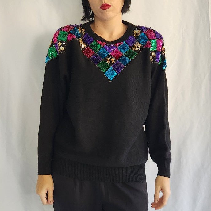 80s Black and Jewel Tone Sequin Sweater