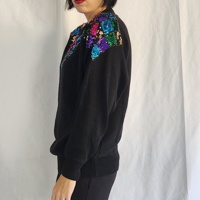 80s Black and Jewel Tone Sequin Sweater