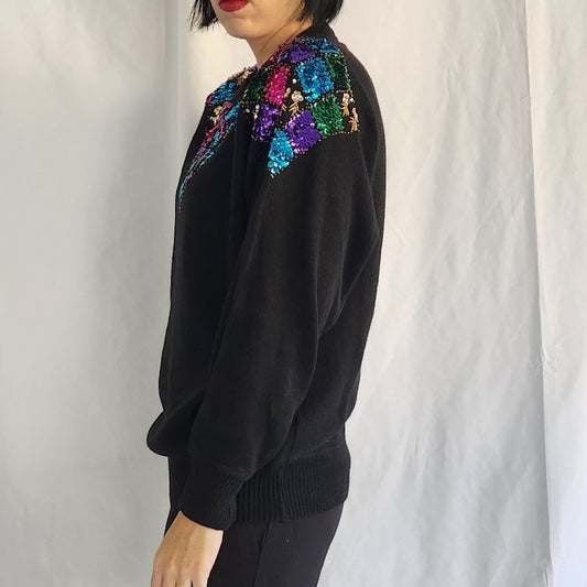 80s Black and Jewel Tone Sequin Sweater