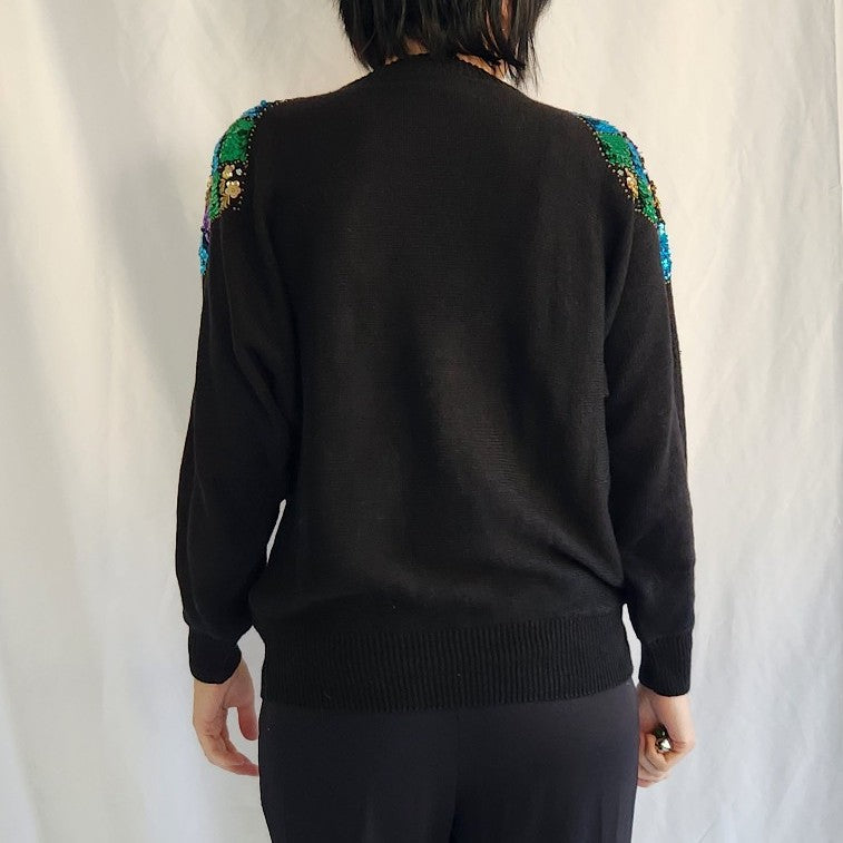 80s Black and Jewel Tone Sequin Sweater