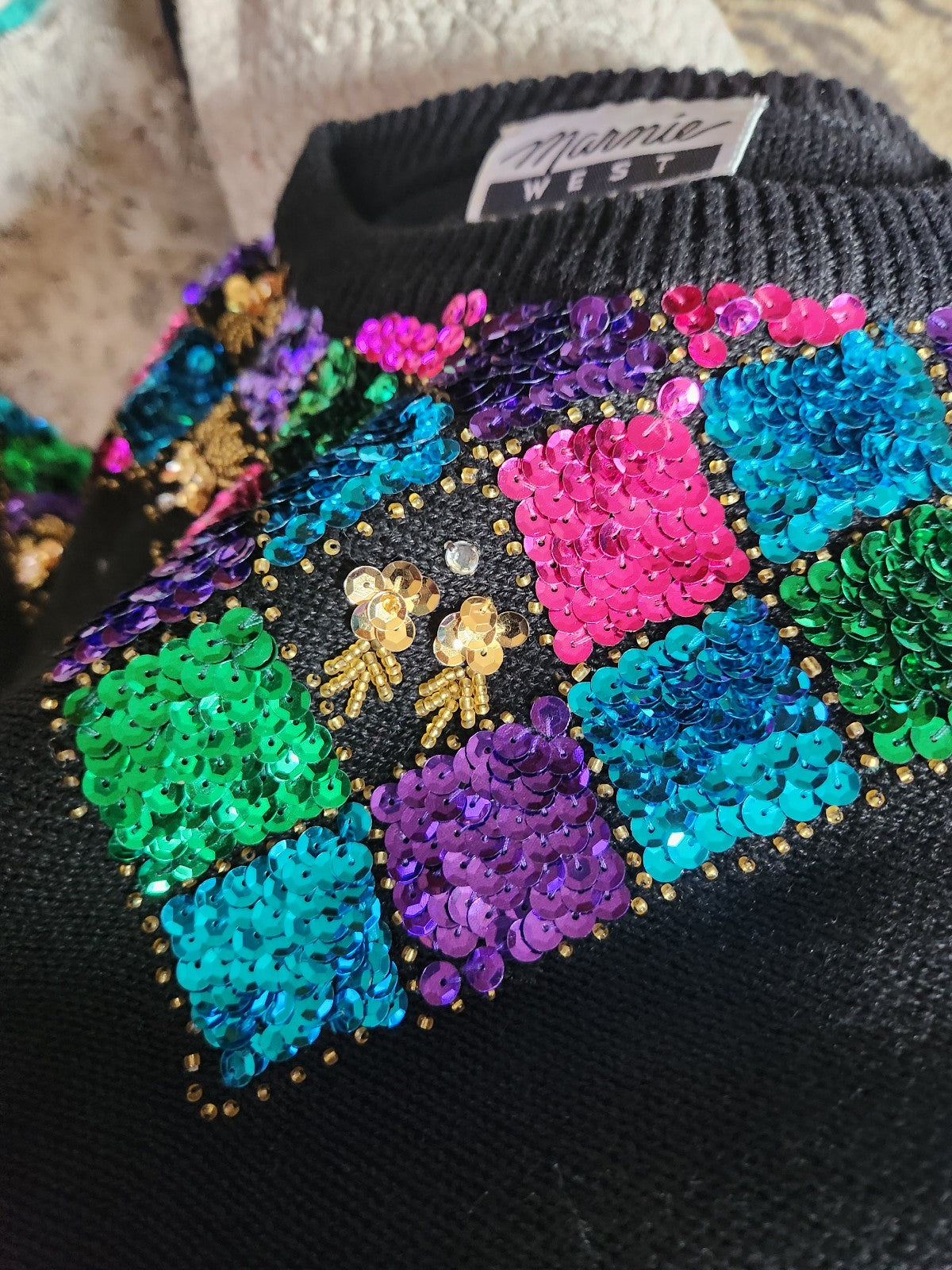 80s Black and Jewel Tone Sequin Sweater