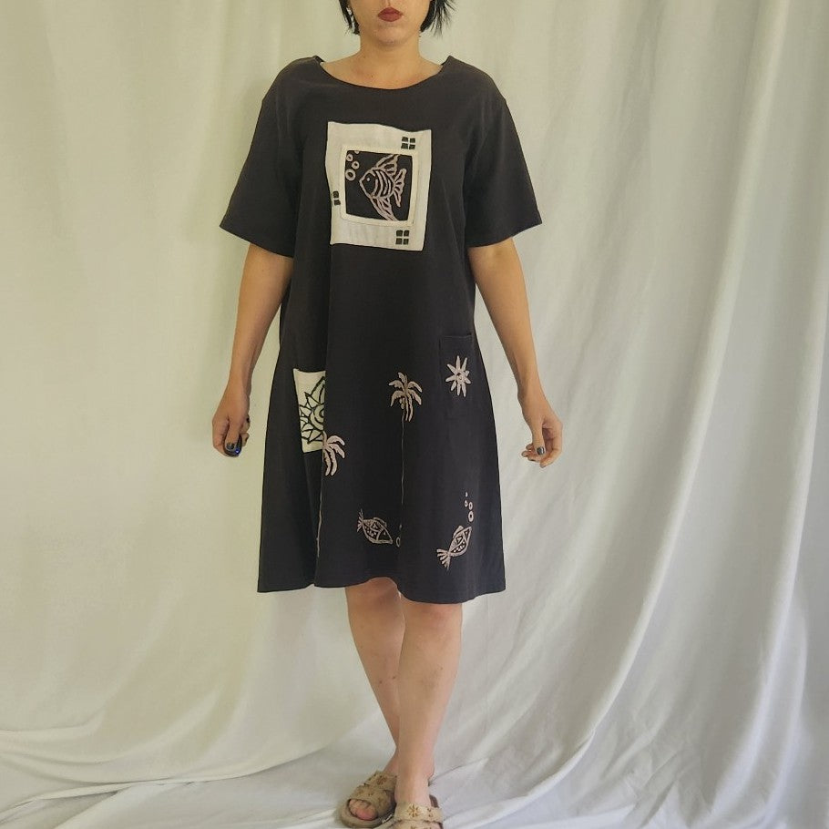 90s Black Cotton Beach Dress