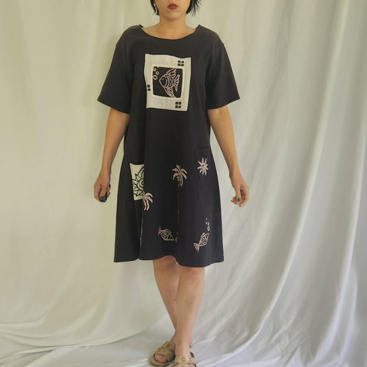 90s Black Cotton Beach Dress