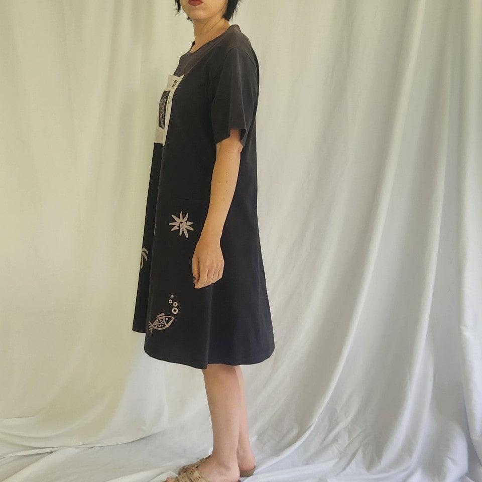 90s Black Cotton Beach Dress